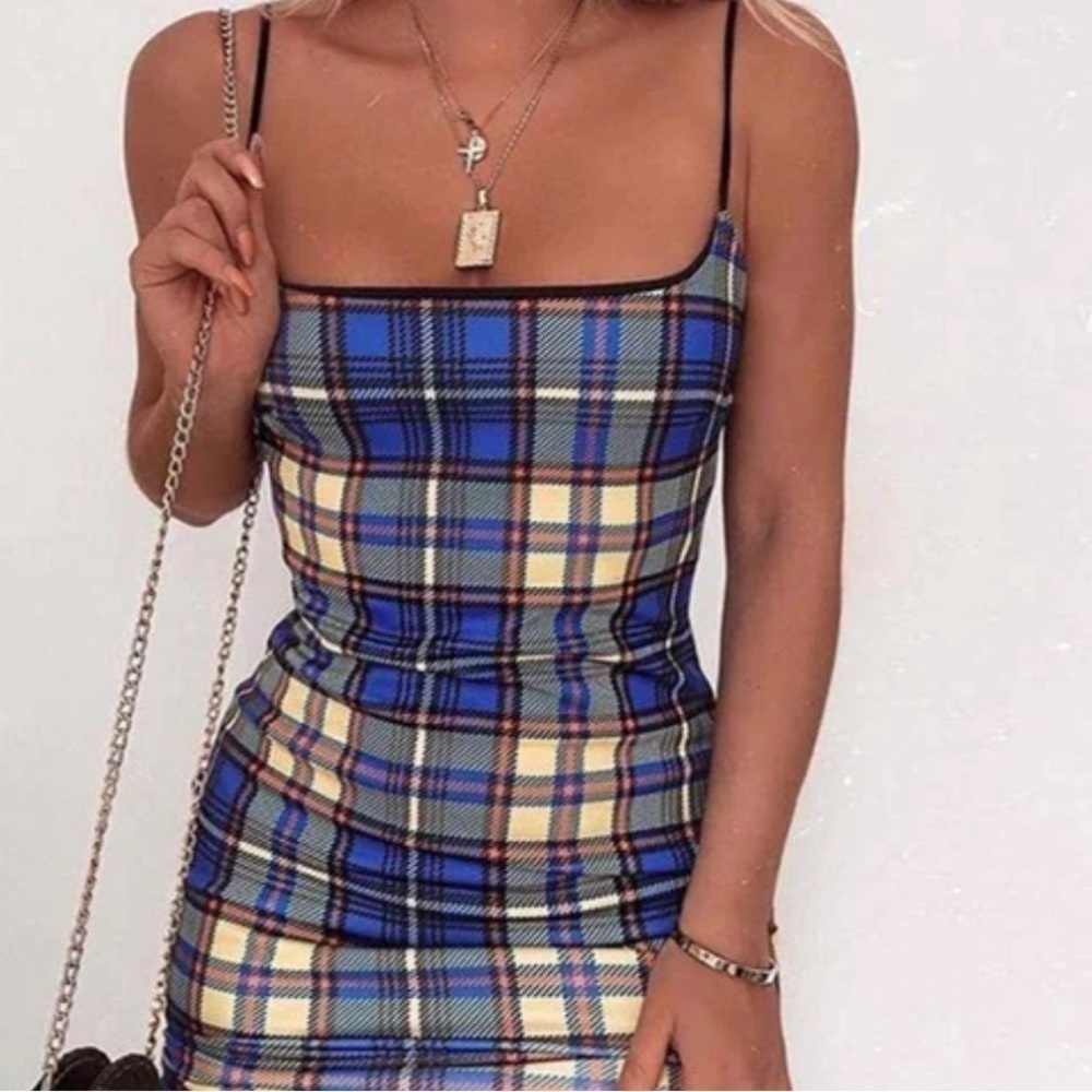 BLUE CHECKERED BODYCON MINI FASHION NOVA SUMMER DRESS
